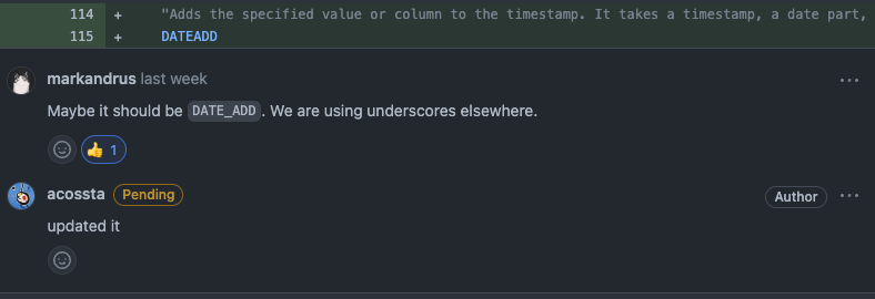A screenshot of comments on a GitHub Pull Request, where a reviewer is suggesting a change to the GraphQL schema.